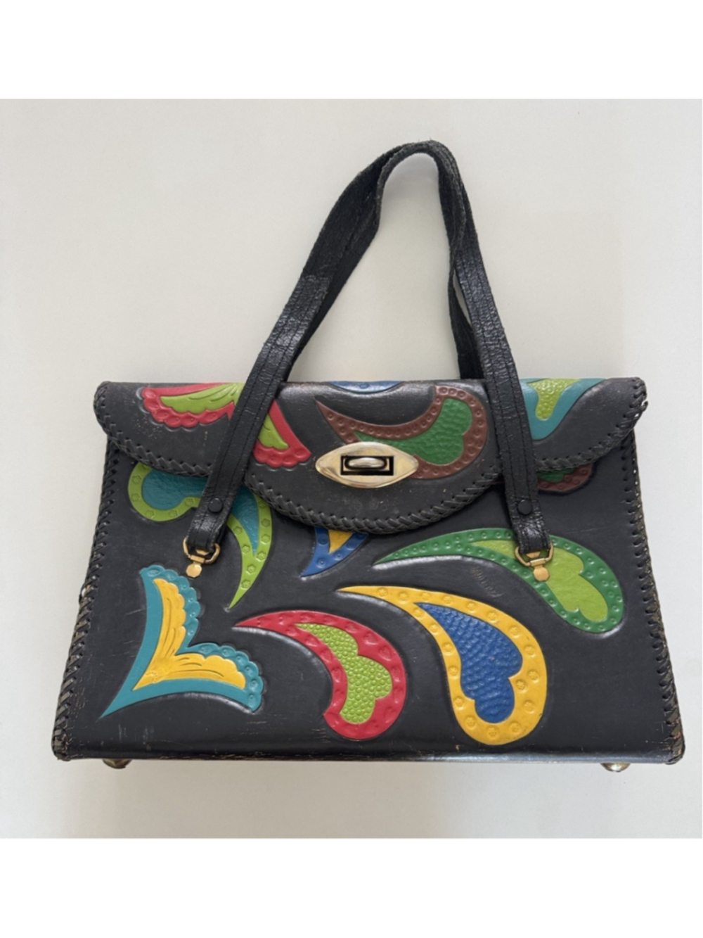 Vintage Leather Hand Tooled Bag with Painted Paisley Design